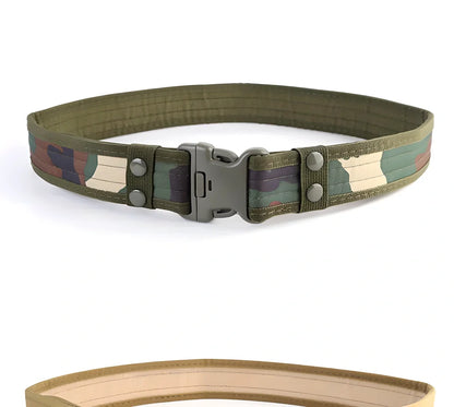 Tactical Heavy Duty Belt made from durable canvas material in woodland camouflage pattern