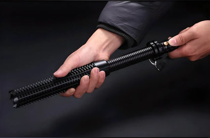 Powerful telescoping tactical LED torch baton with adjustable zoom, high/low/strobe modes, and durable waterproof design