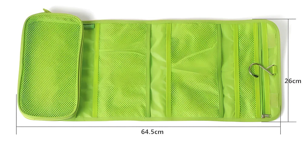 A folding travel toiletry organiser made of polyester, available in red, blue, and green colours