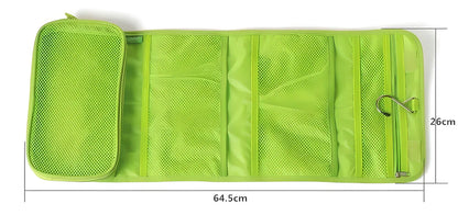 A folding travel toiletry organiser made of polyester, available in red, blue, and green colours