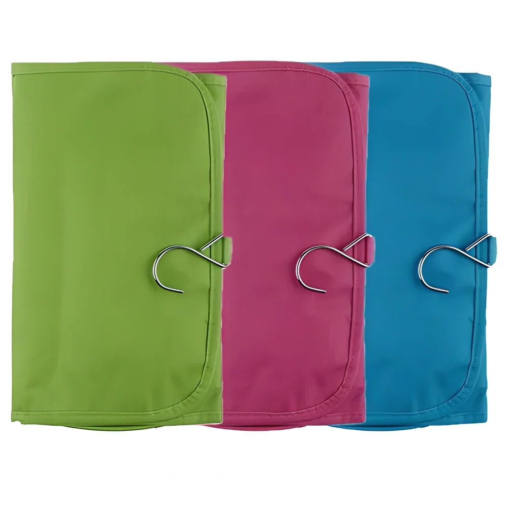 A folding travel toiletry organiser made of polyester, available in red, blue, and green colours