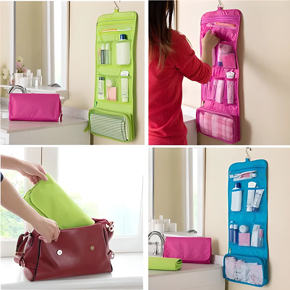 A folding travel toiletry organiser made of polyester, available in red, blue, and green colours